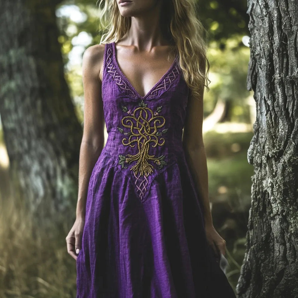 Nordic Myth Purple Tree Of Life Embroidered Women's Linen V-neck Vest Maxi Dress