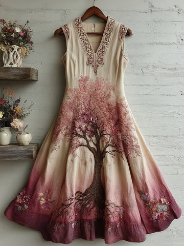Women's Tree Of Life Pink Ribbon Embroidery Tank Maxi Dress