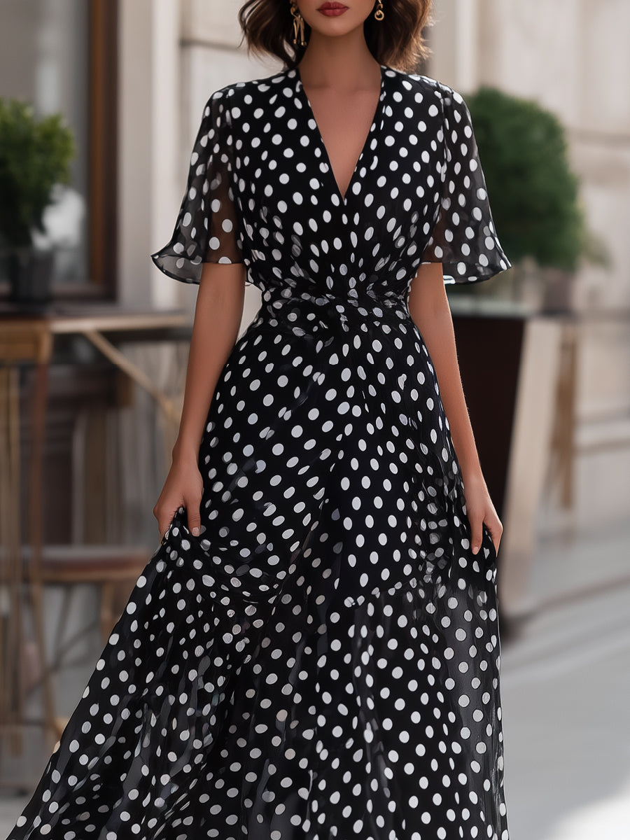 Polka Dot Chiffon V-Neck Maxi Dress