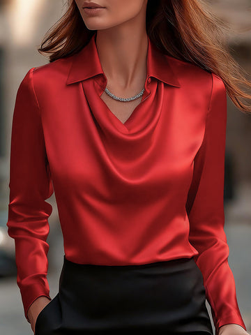 Elegant White Satin Blouse with Draped Neckline