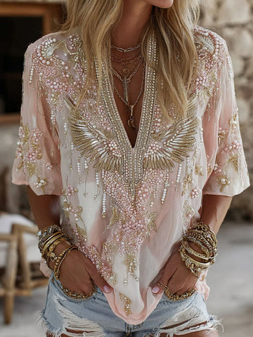 Women's Vintage Wings Embroidered Short Sleeve Casual T-shirt