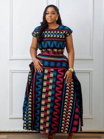Multicolored African Print Peplum Maxi Dress