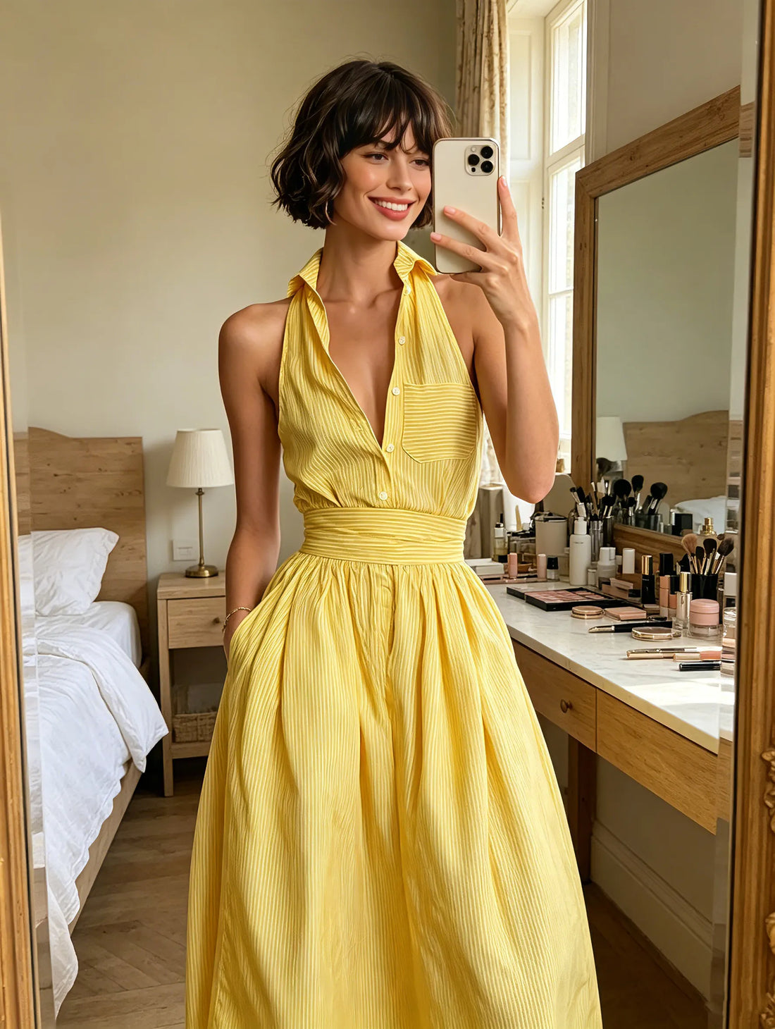 Women's Minimalist Striped Lapel Sleeveless Maxi Dress MDZ1099D5Y