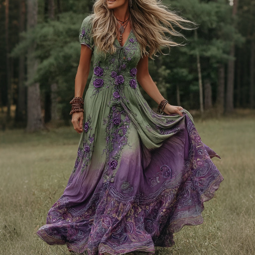Women's Vintage Floral Gradient Art V Neck Maxi Dress