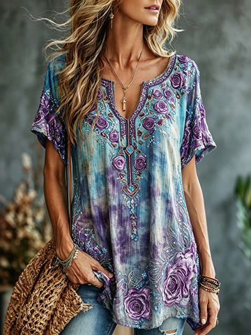 Women's Vintage Romantic Floral Art Linen Blend Short Sleeve Tops