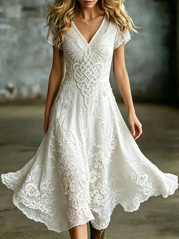 Women's Vintage Romantic White Floral And Wings Art Linen Blend V Neck Maxi Dress