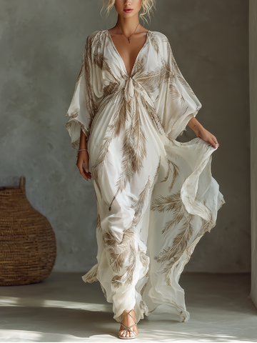 Women's Ivory And Taupe Chiffon Fabric Dolman Sleeve Maxi Dress With Twist Front & Palm Leaf Print MDZ0332B6T