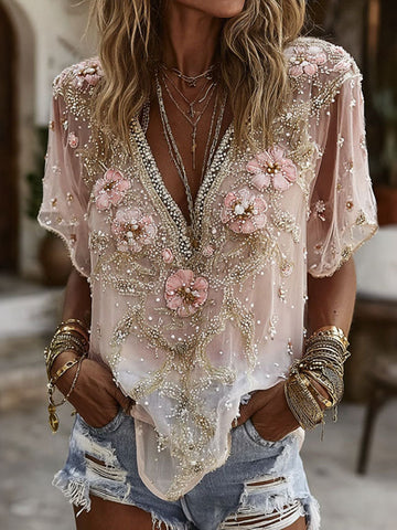 Women's Vintage Floral Art Short Sleeve Casual T-shirt