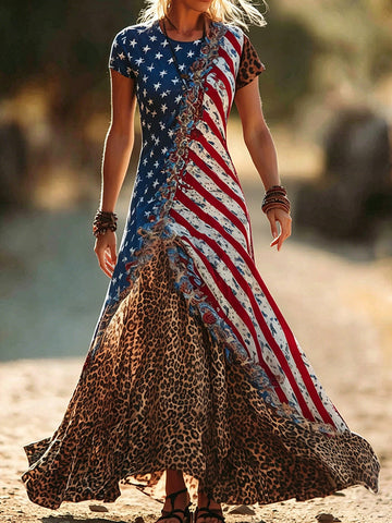 Women's Retro Independence Day Leopard Print Flag Pattern Short-sleeve Long Dress