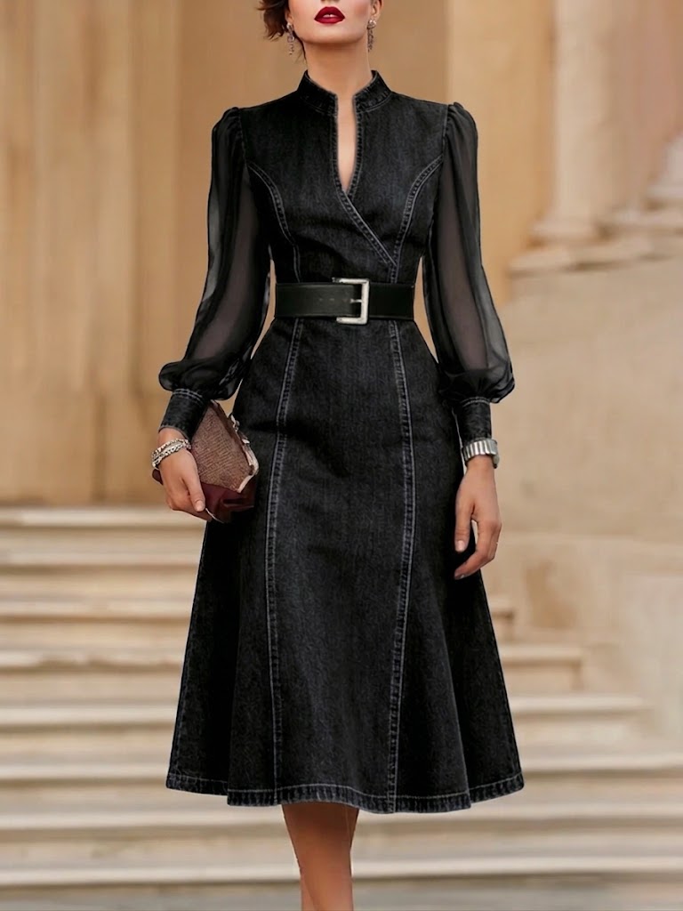 Stylish Denim Dress With Organza Sleeve Panels.