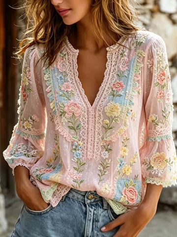 Women's Small Floral Lace Embroidery Art Comfortable Cotton Linen Casual V-neck Short Sleeve Top