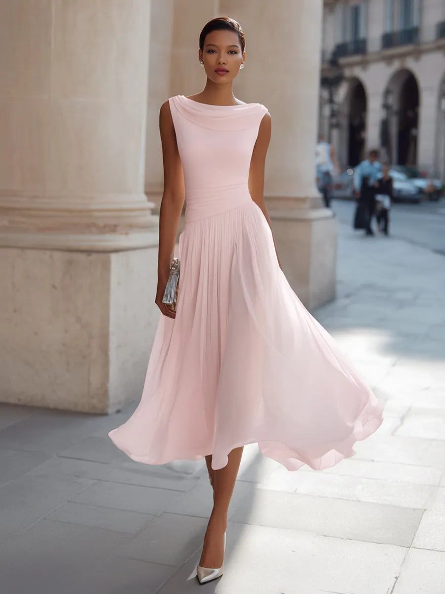 Draped Neck Sleeveless Pleated Midi Dress