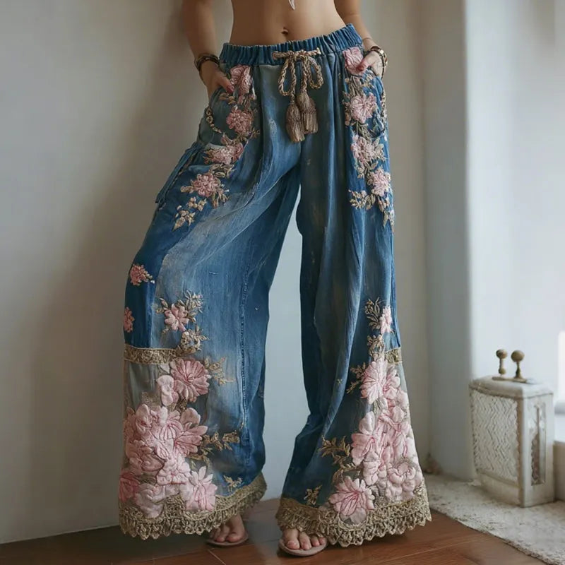 Women's Vintage Floral Embroidered Art Print Flowy Linen Blend Pants