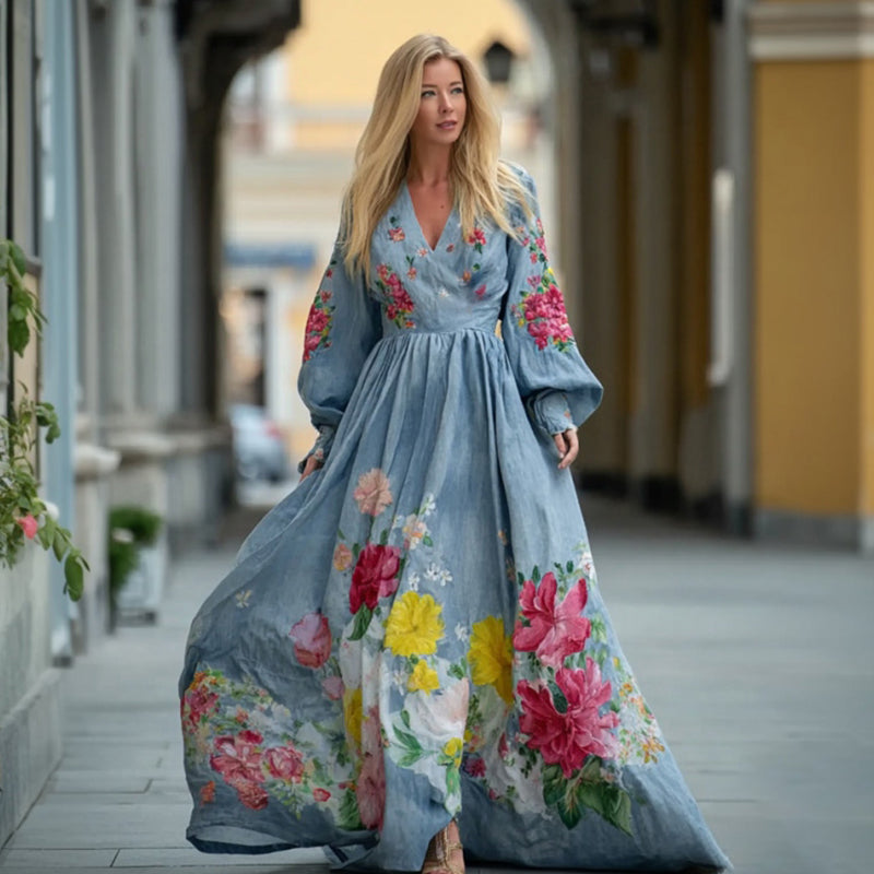 Women's Floral Art Print Linen Blend V-neck Dress