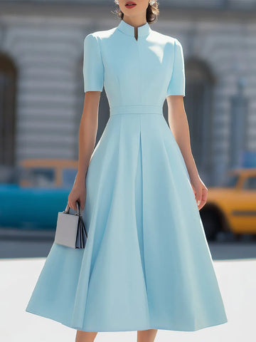High Neck Short Sleeve Pleated Fit-and-Flare Midi Dress