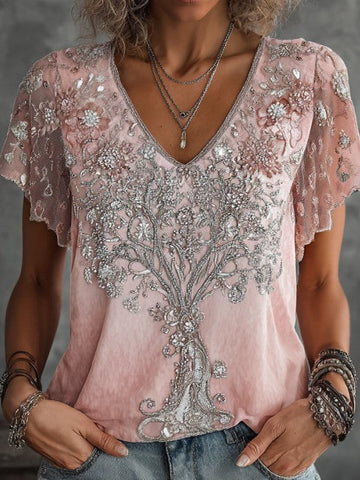 Women's Bohemian Tree Of Life Printed Cotton And Linen Comfortable V-neck T-shirt