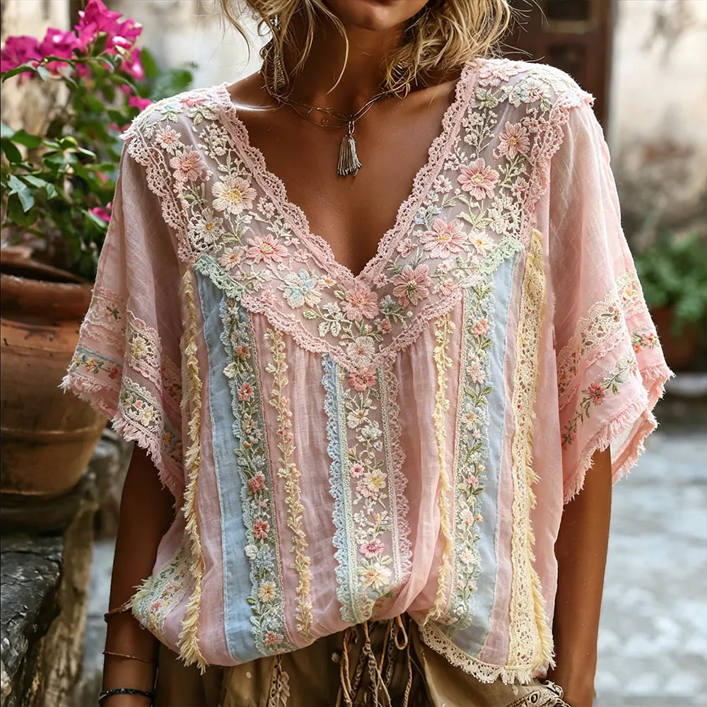 Vintage Floral Embroidered And Lace Art Splicing Lightweight Cotton Linen V-neck Short Sleeve Top