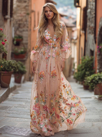 Women's Floral Art Print Linen V-neck Long Sleeve Dress