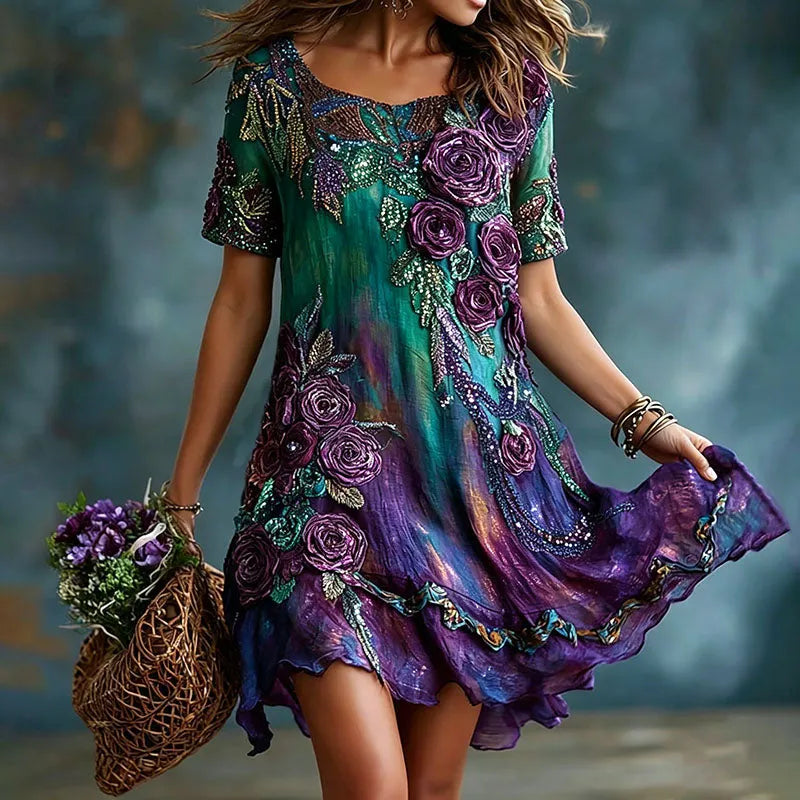 Women's Vintage Romantic Floral Art Linen Blend Round Neck Mini Dress