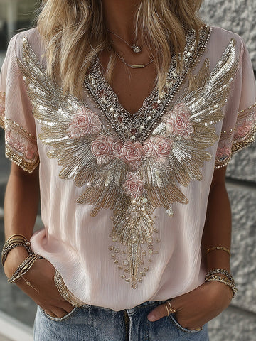 Women's Vintage Wing Rose Embroidery Art V Neck Short Sleeve Linen Blend T-shirt