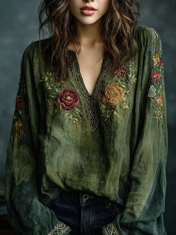 Women's Floral Embroidered Art Print Flowy Linen Blend Casual Tunic