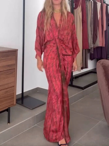 Tie-Dye V-Neck Batwing Sleeve Waist Tie Maxi Dress