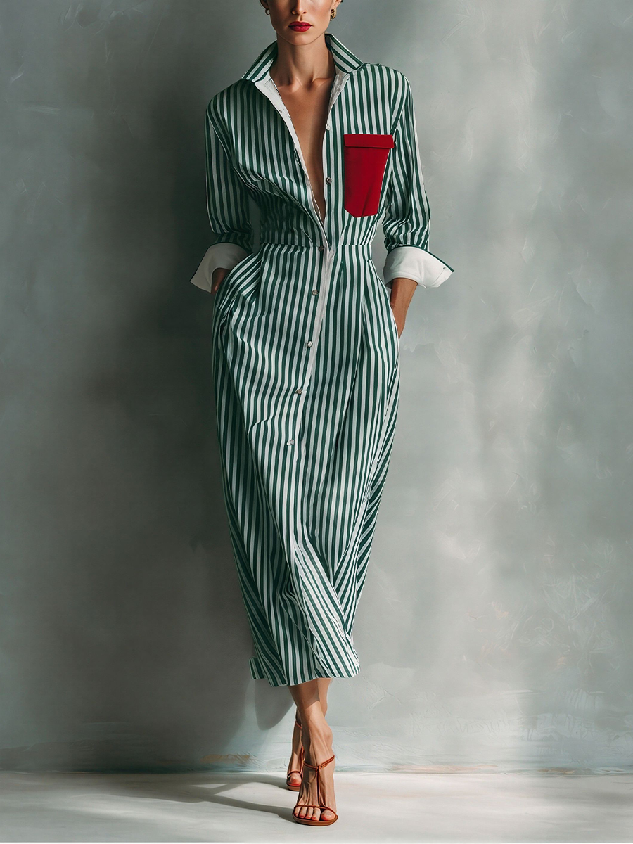 Women's Blue And White Cotton Blend Striped Shirt Dress With Red Chest Pocket MDZ1286C2T