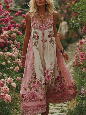 Pink Floral Embroidered Cozy Linen Tank Maxi Dress