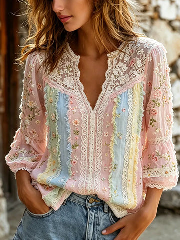 Women's Retro Floral And Lace Embroidery Spliced Art Comfortable Linen Blend V-neck Long Sleeve Top