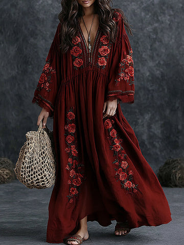 Women's Vintage Floral Art Print Flowy Linen Blend Casual Long Sleeve Maxi Dress