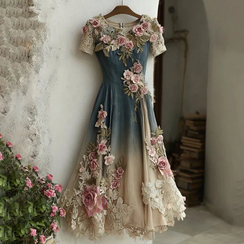 Women's Retro Pink Rose Embroidered Gradient Art Round Neck Short Sleeve Maxi Dress