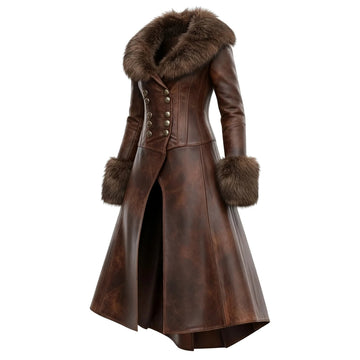 Women's Retro Style Leather Irregular Design Double-Breasted Mid-Length Coat Fur Collar Lapel Jacket Coat
