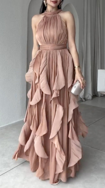Blush Pink Halter Neck Ruffle Maxi Dress