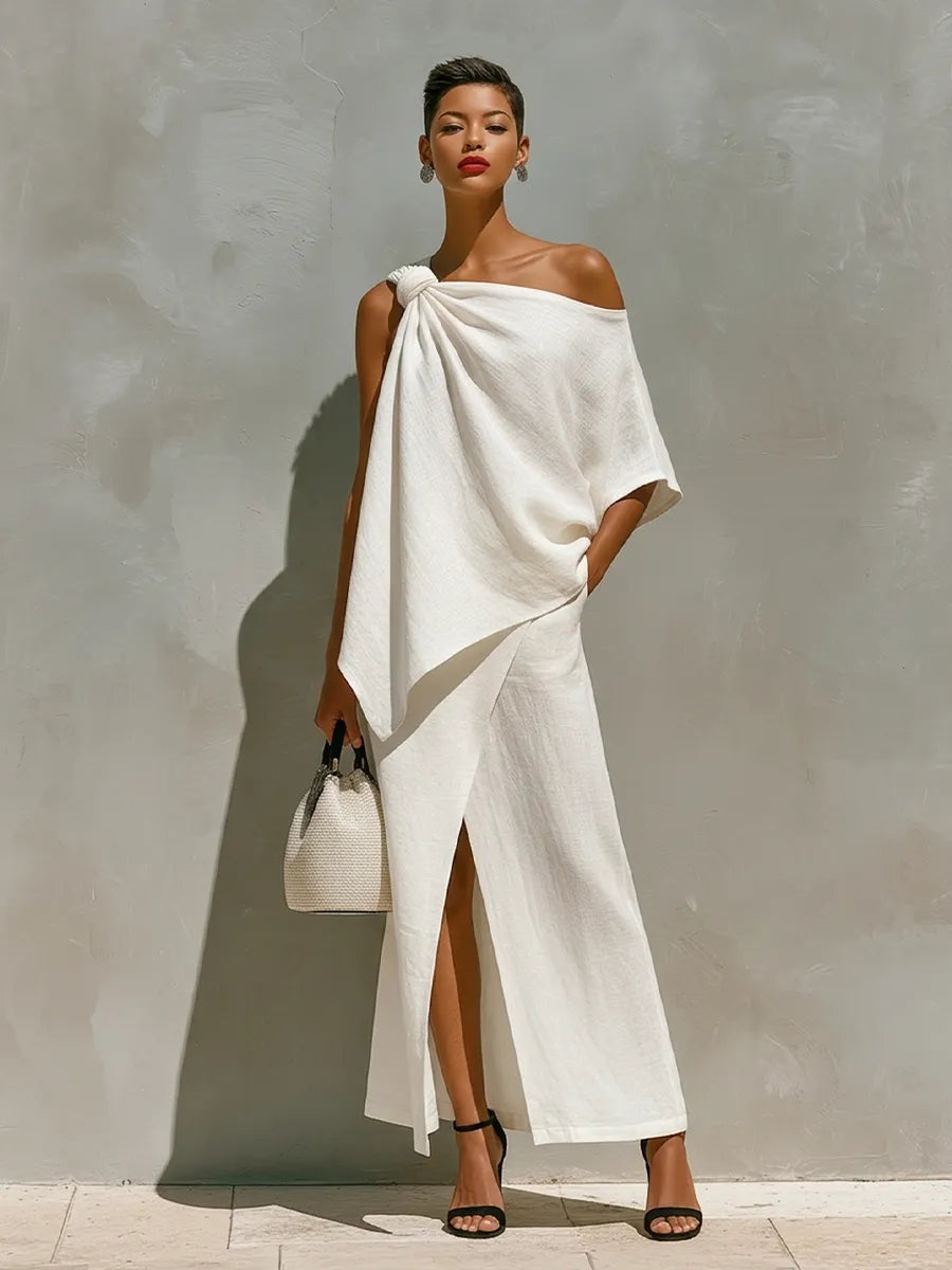 Women's White Linen Set With One-Shoulder Knot Detail & Front Slit, Timeless Minimalist-Resort Style Set MDZ2796C6I