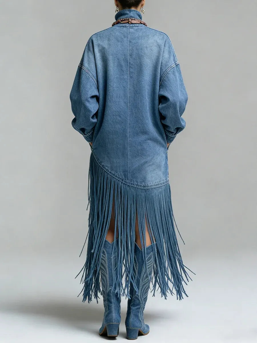 Ursime Daily Blue High Collar Lantern Sleeve Long Sleeve Strappy Western Pocket Denim Midi Dresses [Pre-Order]