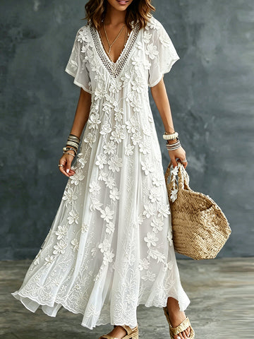 Women's Vintage Romantic White Floral Art Linen Blend V Neck Maxi Dress