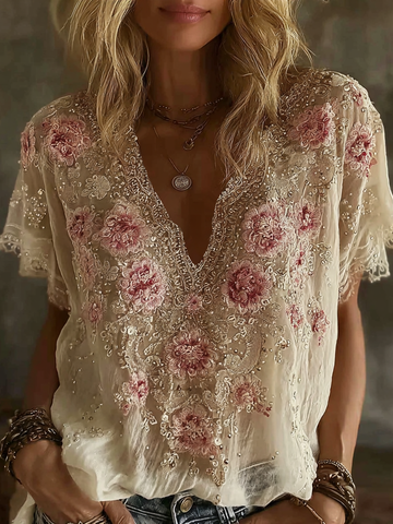 Women's Vintage Rose Floral Embroidery Cotton V  Neck T-shirt