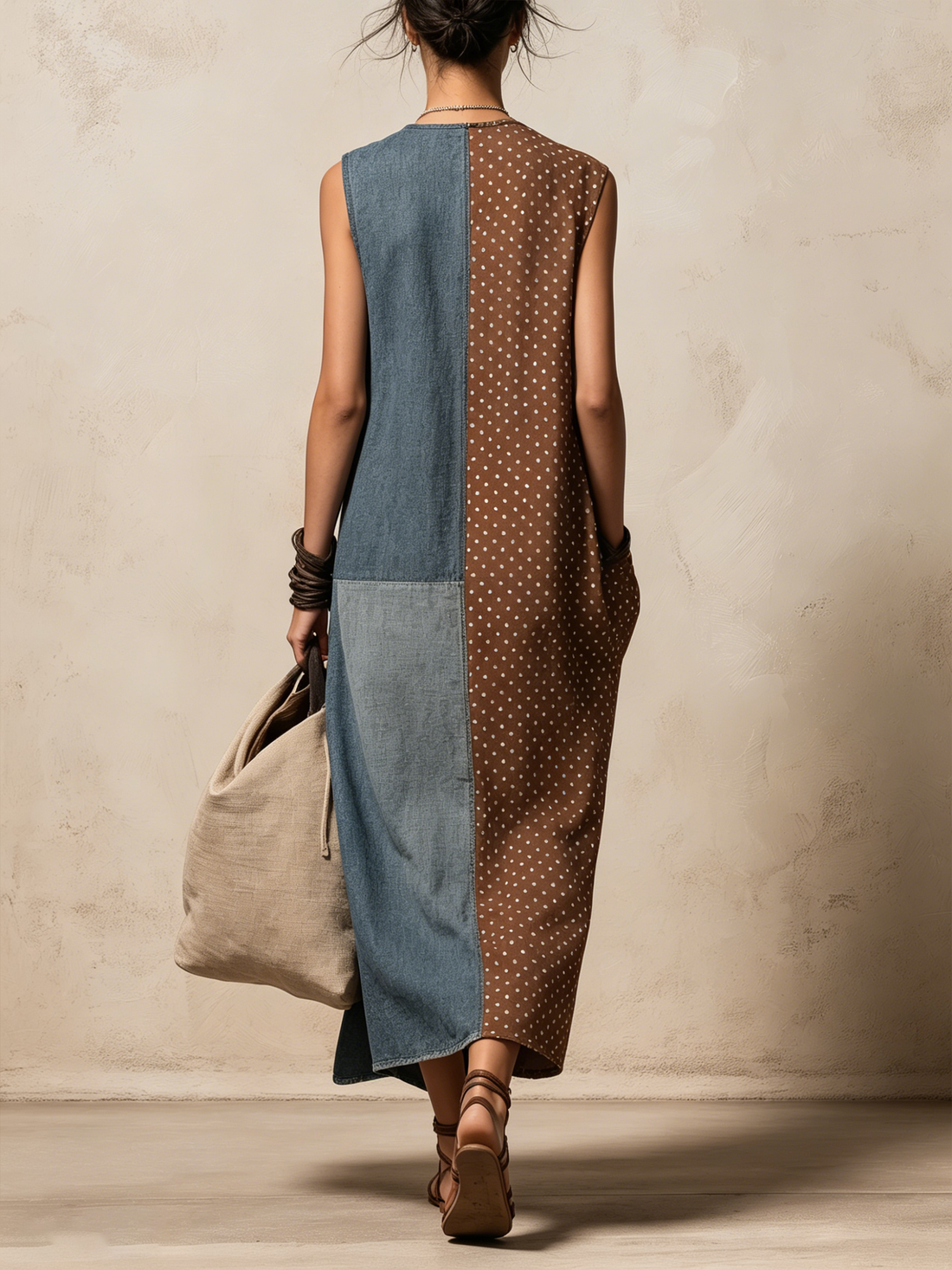 Patchwork Polka Dot Denim Linen-Blend Sleeveless Maxi Dress