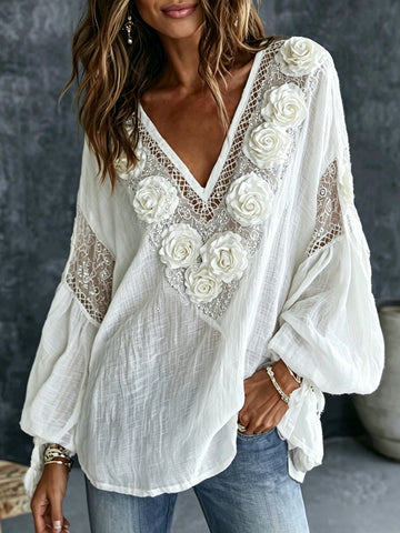 Women's Romantic White Rose Art Linen Blend V Neck Long Sleeve Tops