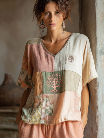 Women's Tree Of Life Pattern Linen V-neck T-shirt