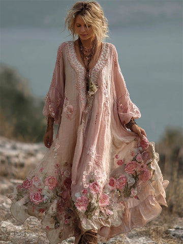 Vintage Boho Pink Roses Embroidered Lace Flowy Linen Maxi Dress