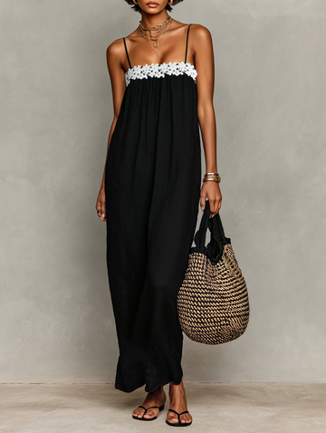 Women's Minimalist Linen-Blend Lace-Paneled Strapless With Spaghetti Straps Maxi Dress MDZ1926C9Y