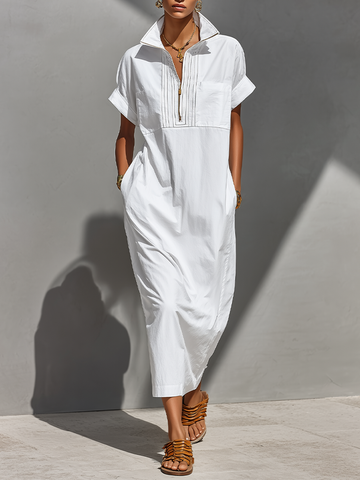 Women's White 100% Cotton Maxi Shirt Dress With Half-Zip Collar & Rolled Sleeves, Timeless Casual Everyday Dress MDZ0779E4LYL