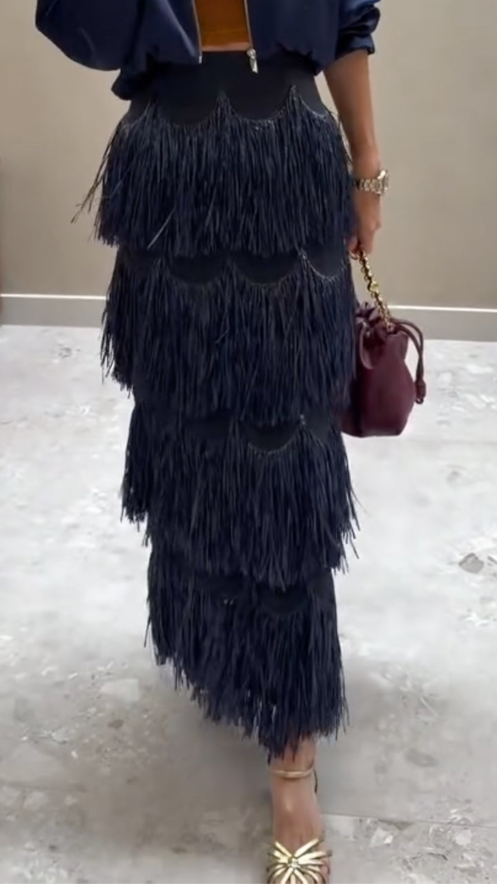 Women's Satin Baseball Jacket + Multi-Layered Fringed Midi Skirt Set