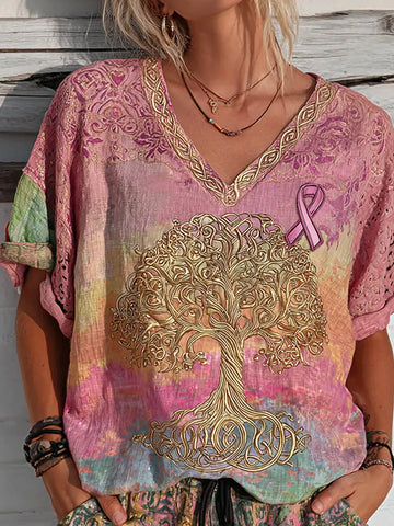 Women's Cancer Awareness Ribbon And Tree Of Life Gradient V Neck Boho Art Casual Shirt