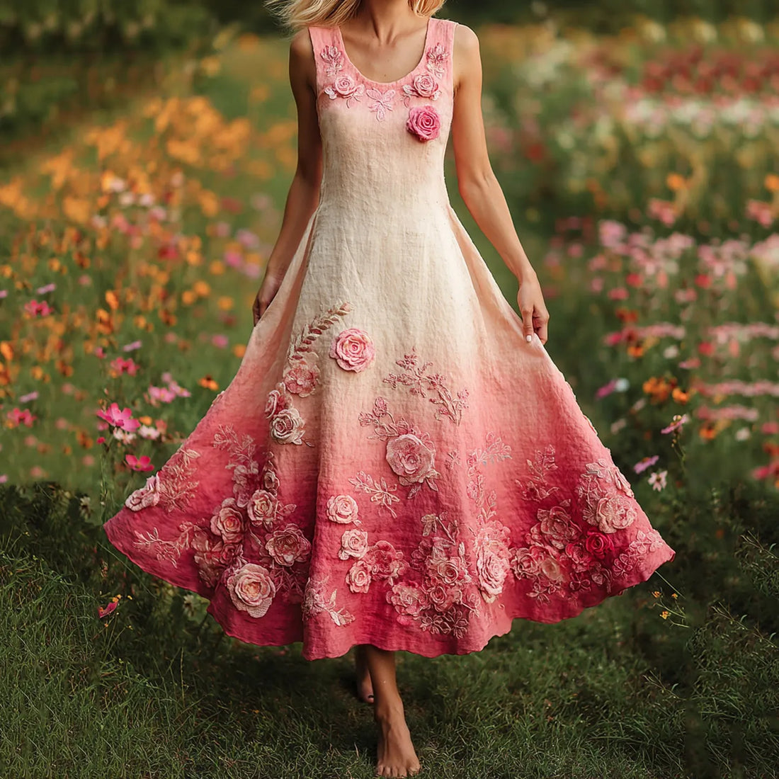 Pink Floral Embroidered Vintage Linen Tank Maxi Dress