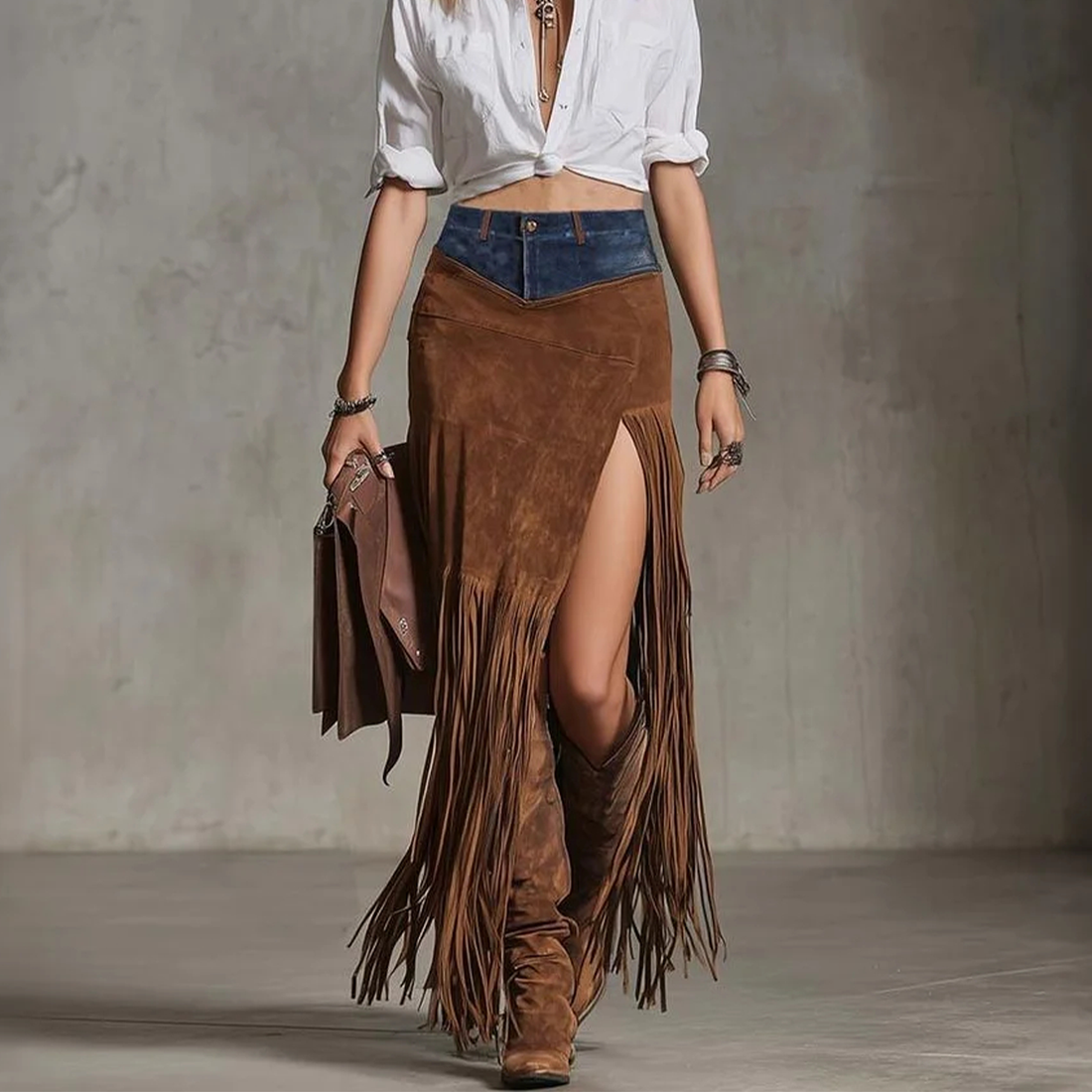 Women's Vintage Boho Chic Fringe Skirt Patchwork Denim Waistband