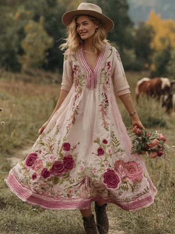 Classy Gradient Pink Roses And Striped  Embroidered Linen Maxi Dress