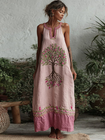 Women's Tree Of Life Pink Ribbon Embroidery Small V-neck  Tank Midi Dress