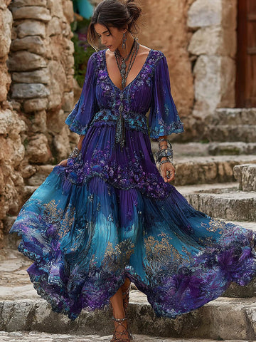 Women's Purple Floral Embroidery Gradient Casual V-neck Dress